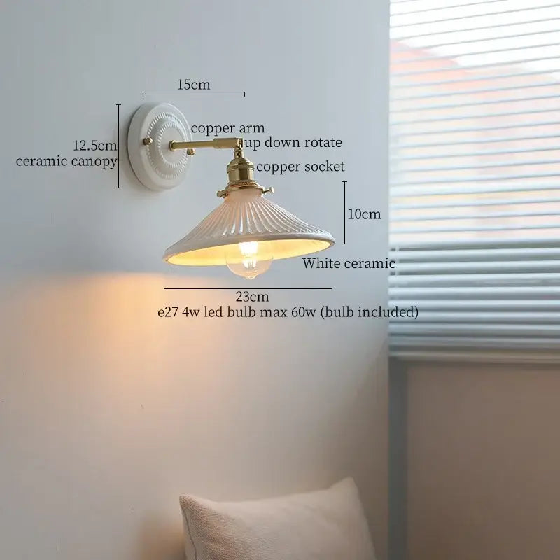 Vintage brass ceramic led wall light with ribbed glass living room