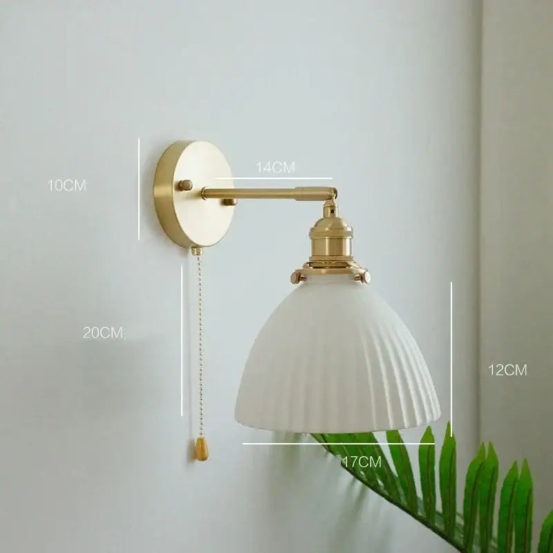 Vintage brass and ceramic led wall sconce bedroom pull chain light