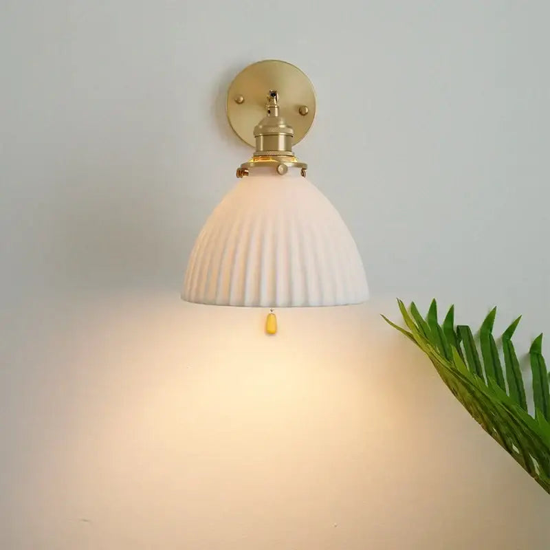 Vintage brass and ceramic led wall sconce bedroom pull chain light