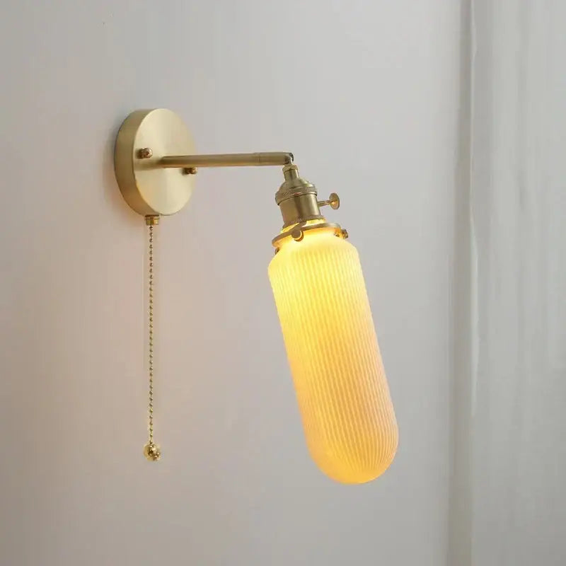 Vintage brass and ceramic led wall sconce bedroom pull chain light