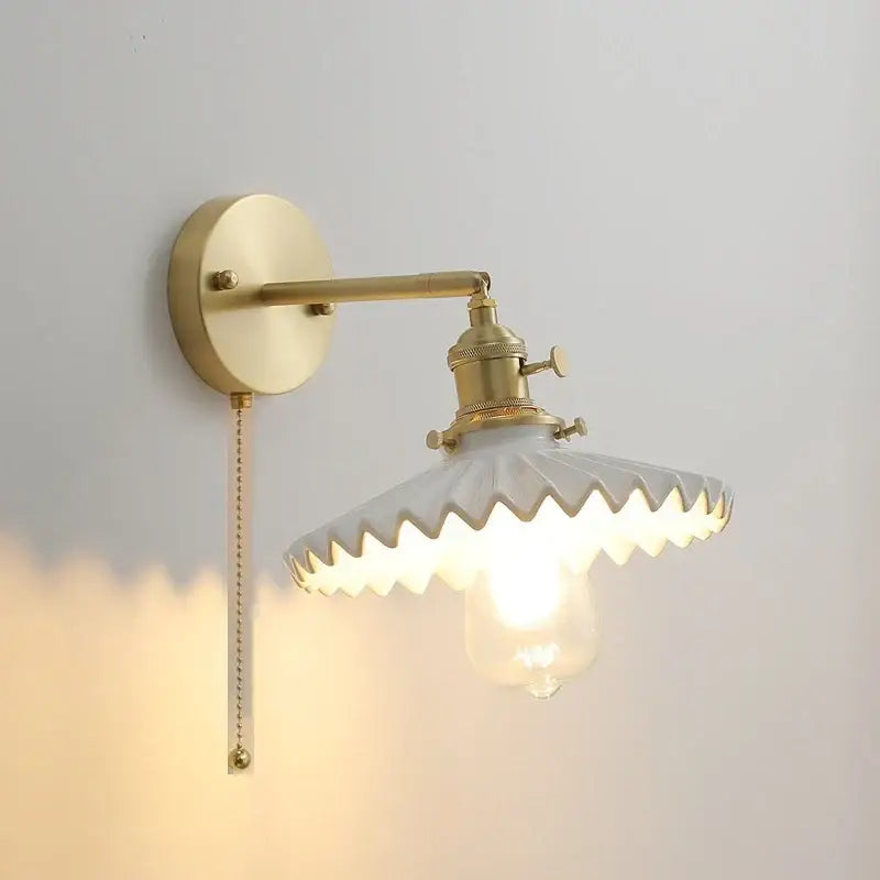 Vintage brass and ceramic led wall sconce bedroom pull chain light