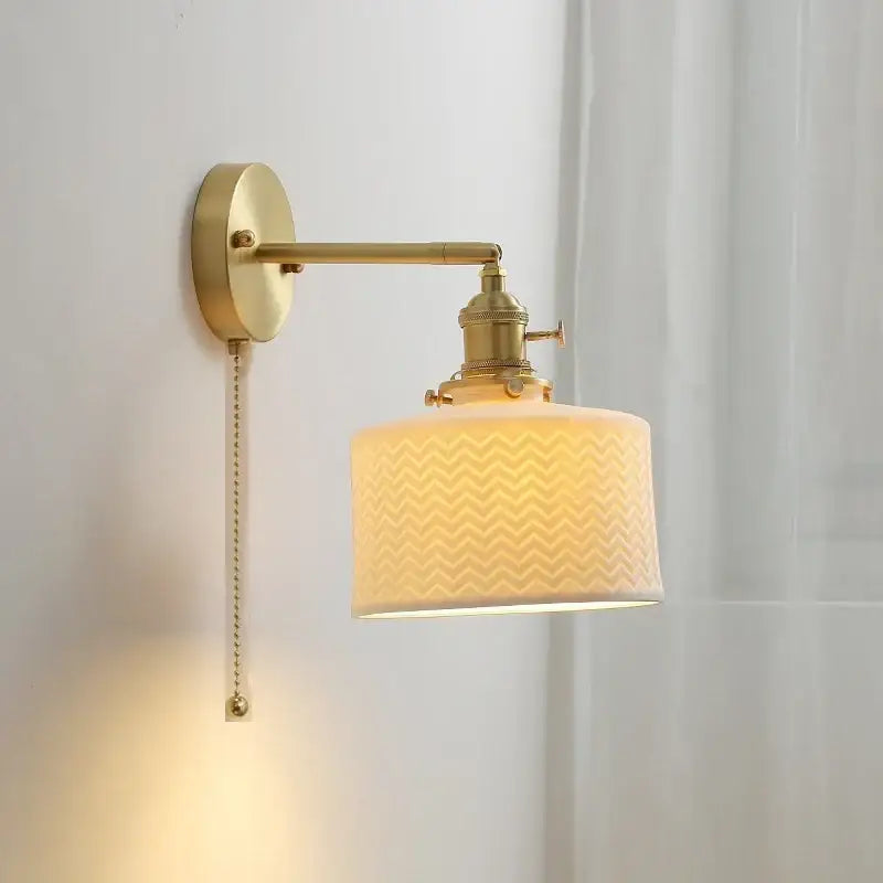 Vintage brass and ceramic led wall sconce bedroom pull chain light