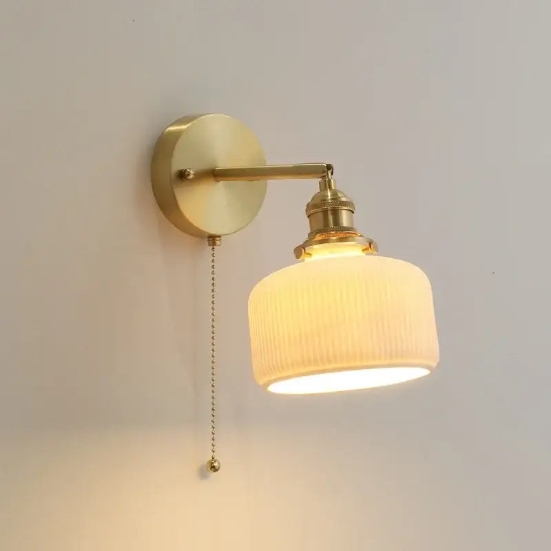 Vintage brass and ceramic led wall sconce bedroom pull chain light