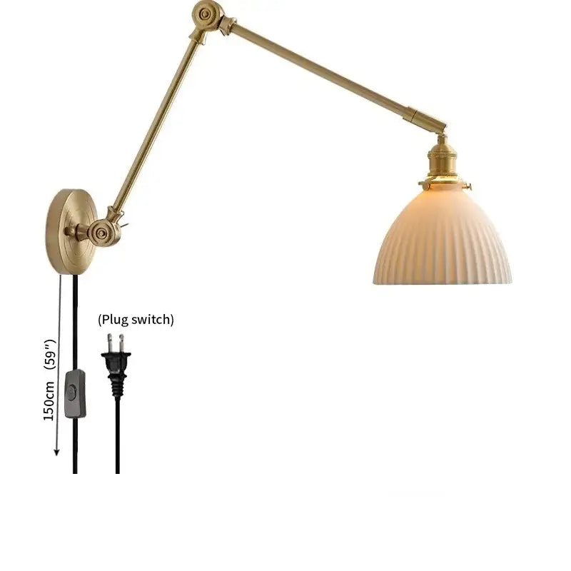 Vintage brass and ceramic led wall sconce bedroom pull chain light