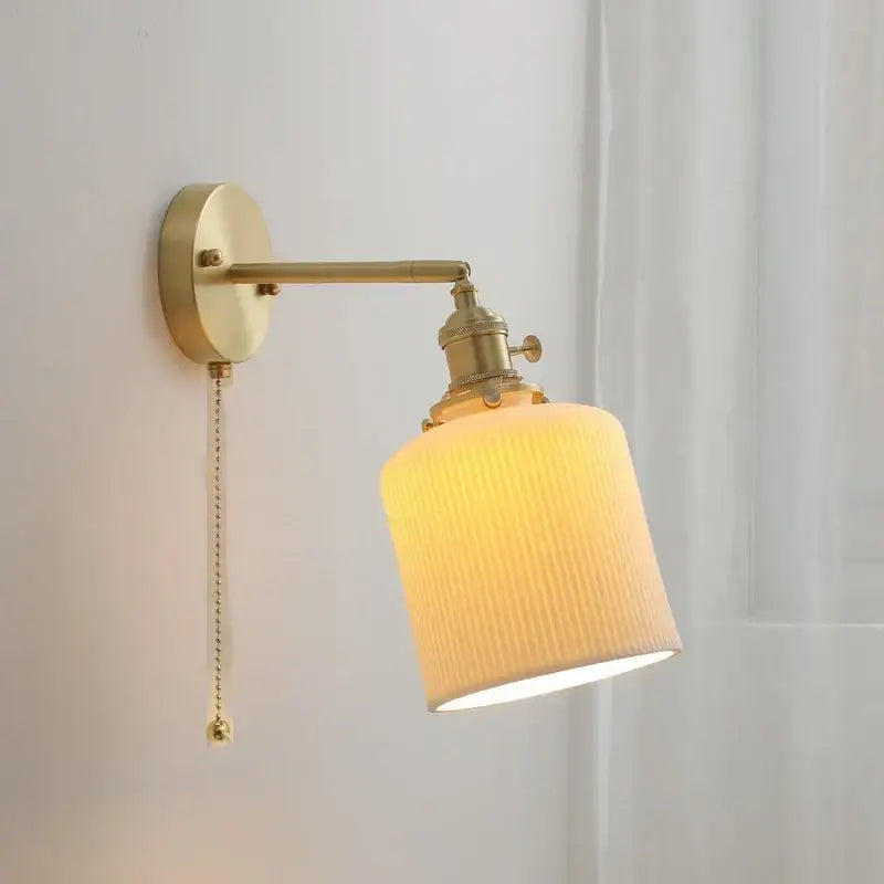 Vintage brass and ceramic led wall sconce bedroom pull chain light