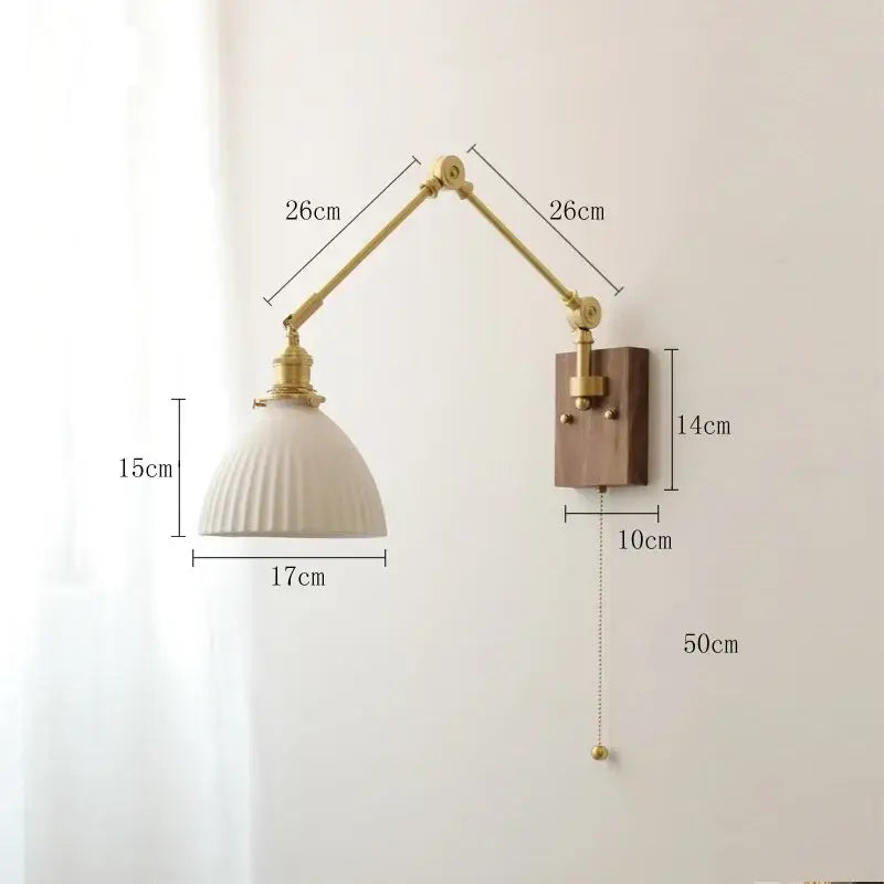 Vintage brass and ceramic led wall sconce bedroom pull chain light