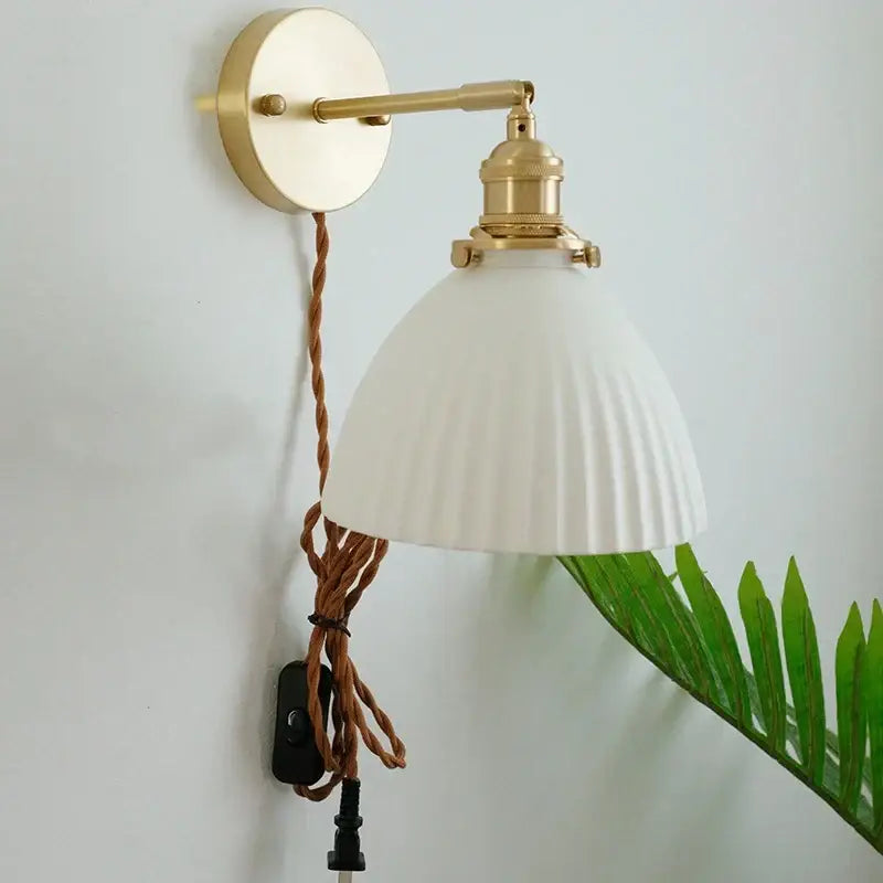 Vintage brass and ceramic led wall sconce bedroom pull chain light