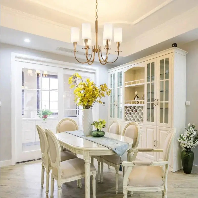 Elegant copper chandelier lights with fabric shades for living room