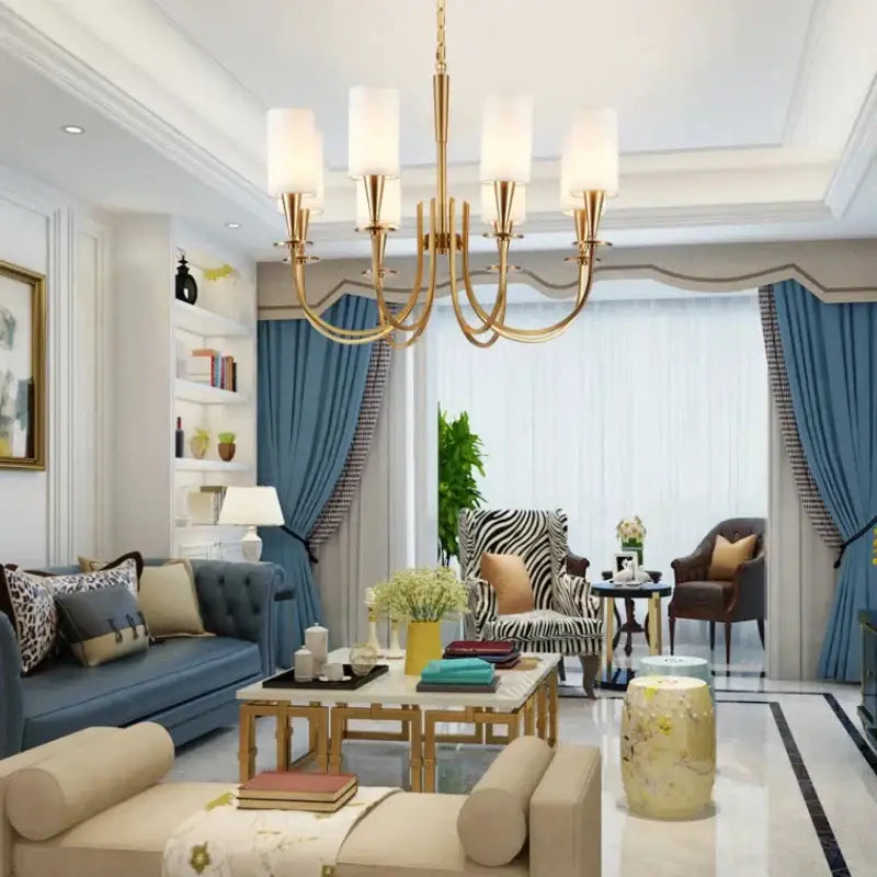 Elegant copper chandelier lights with fabric shades for living room