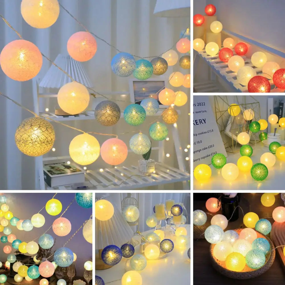 Pastel crackled spherical cotton garland led string lights bedroom