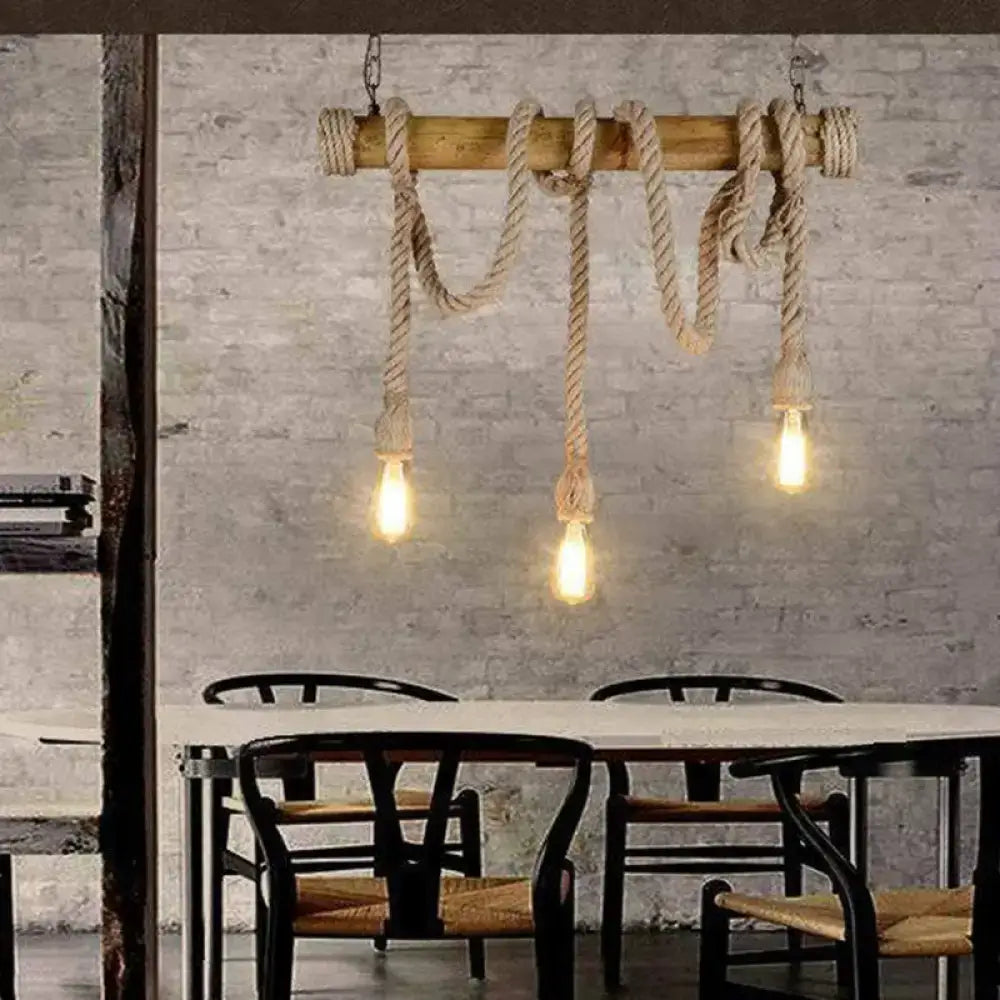 Rustic country bamboo hanging lamp dining room 3 light hemp rope