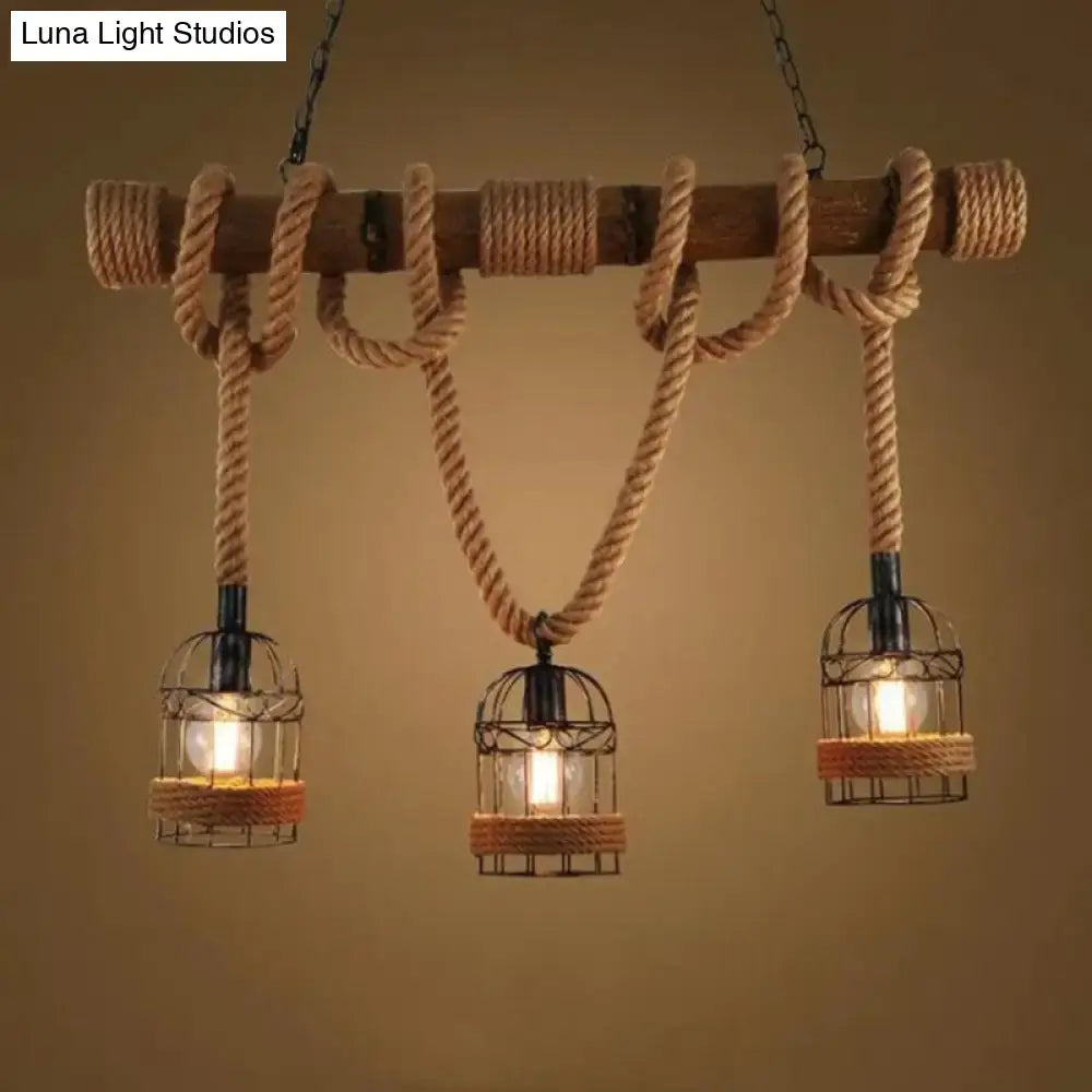 Rustic country bamboo hanging lamp dining room 3 light hemp rope