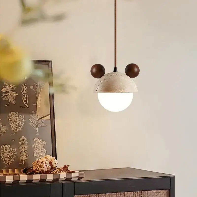 Decorbites cream glass led pendant light with wood ears for bedroom