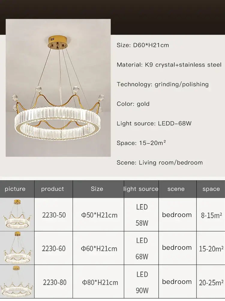 Decorbites crown petal led crystal gold chandelier bedroom light