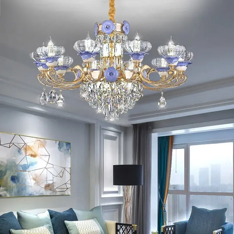 Decorbites crystal candle chandelier gold & blue living room light