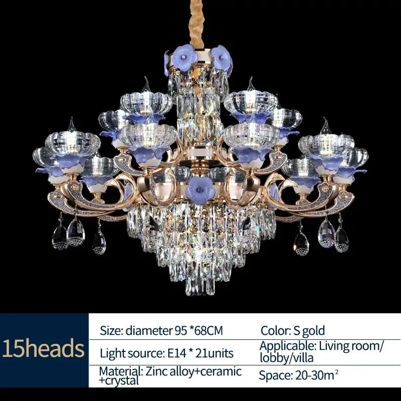 Decorbites crystal candle chandelier gold & blue living room light