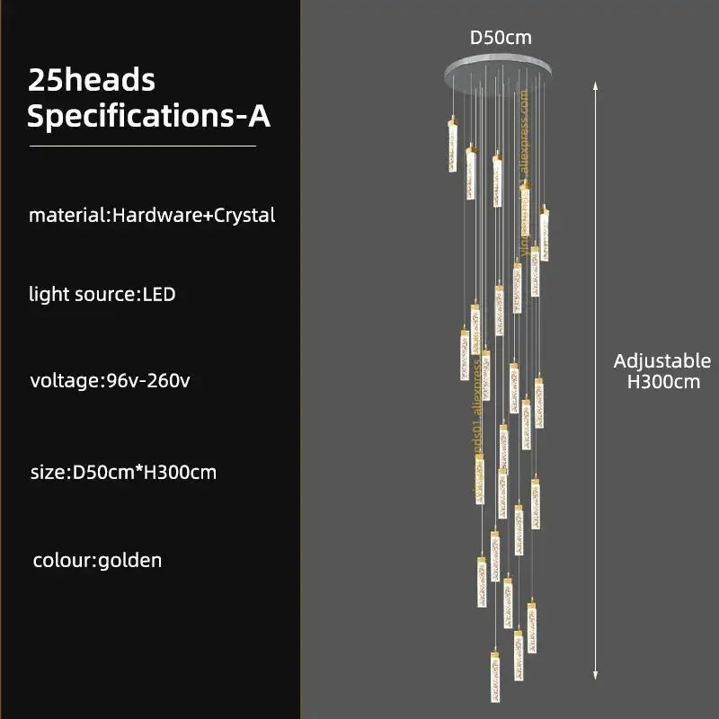 Modern gold crystal ceiling chandelier staircase light dining room