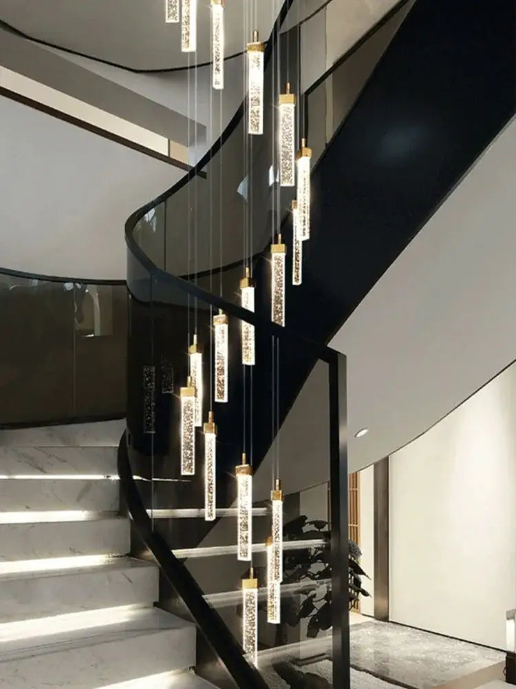 Modern gold crystal ceiling chandelier staircase light dining room