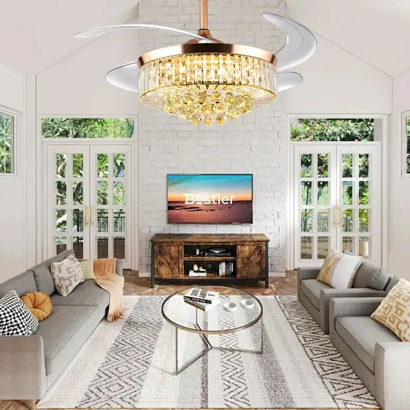 Modern rose gold crystal ceiling fan light – living room chandelier