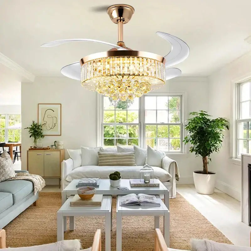 Modern rose gold crystal ceiling fan light – living room chandelier