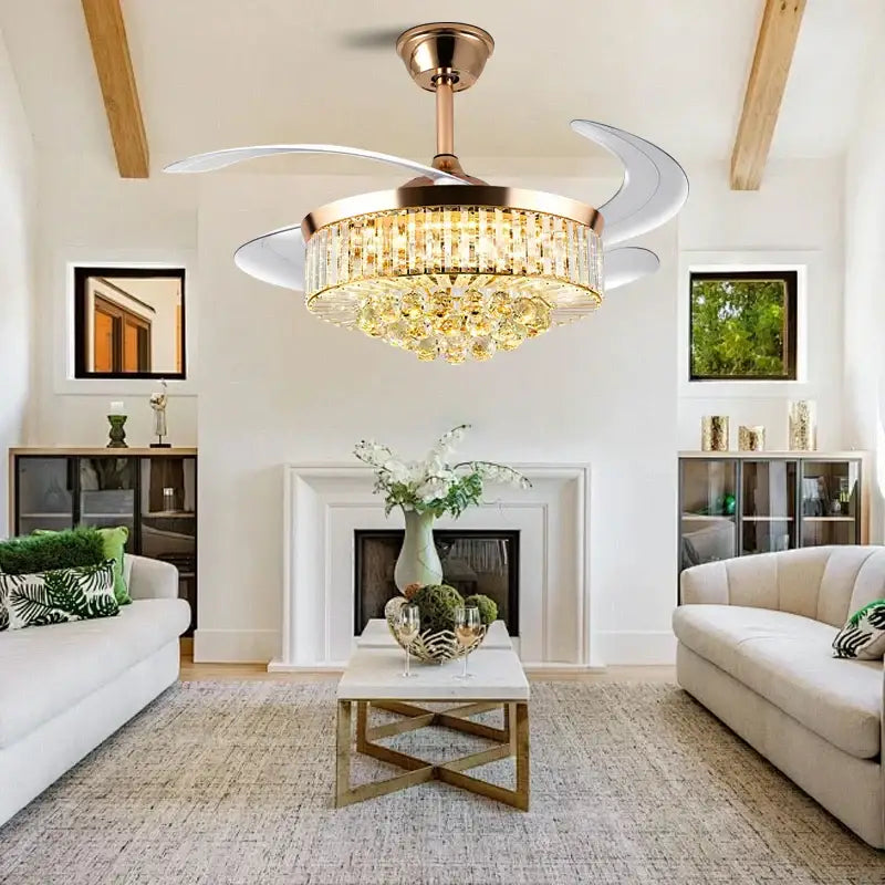 Modern rose gold crystal ceiling fan light – living room chandelier