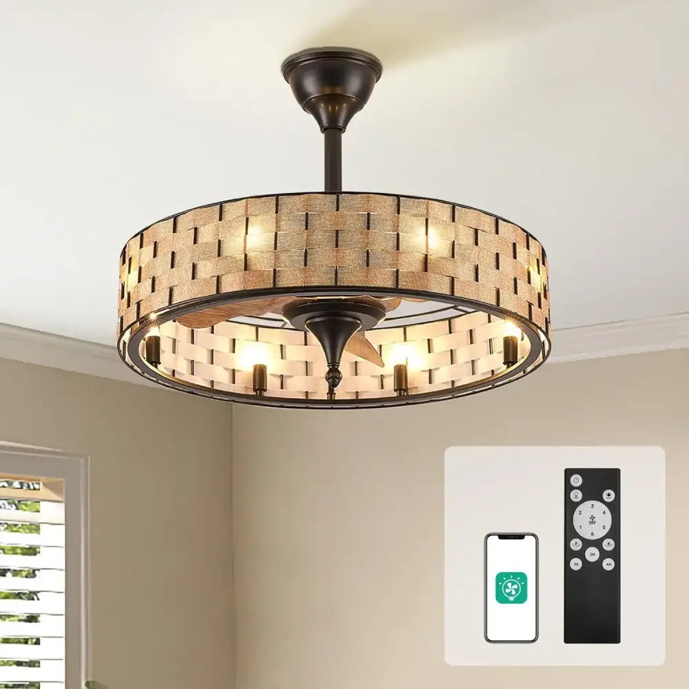 Rattan birdcage crystal ceiling fan bedroom bronze iron lampshade