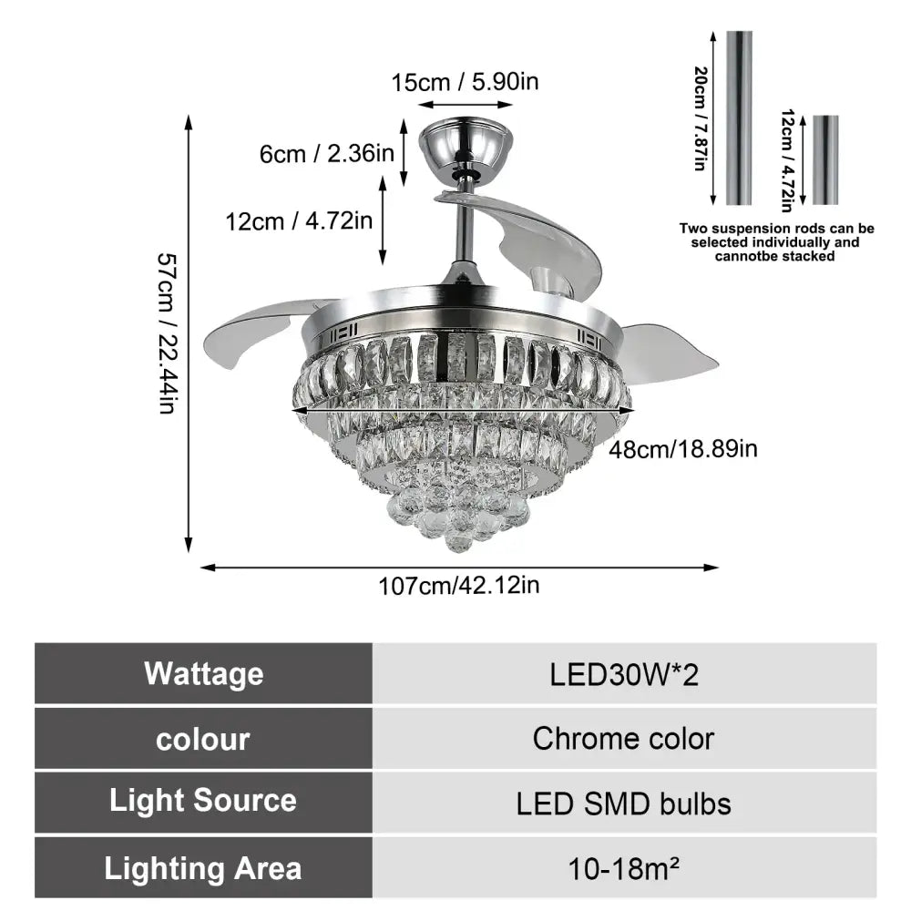 Decorbites crystal ceiling fan with led light for living room