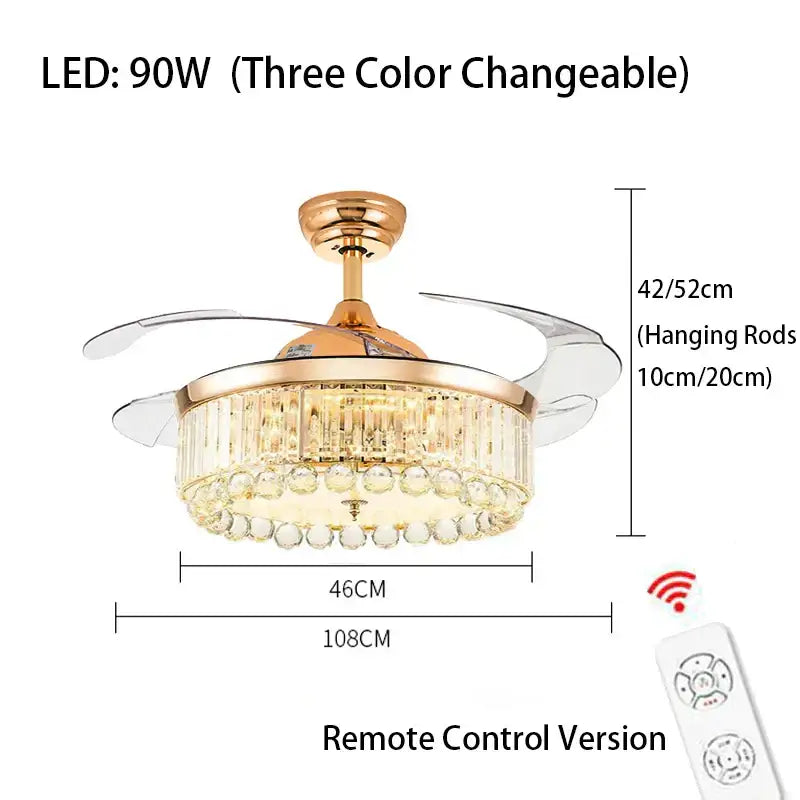 Modern gold crystal ceiling fan with led light living room