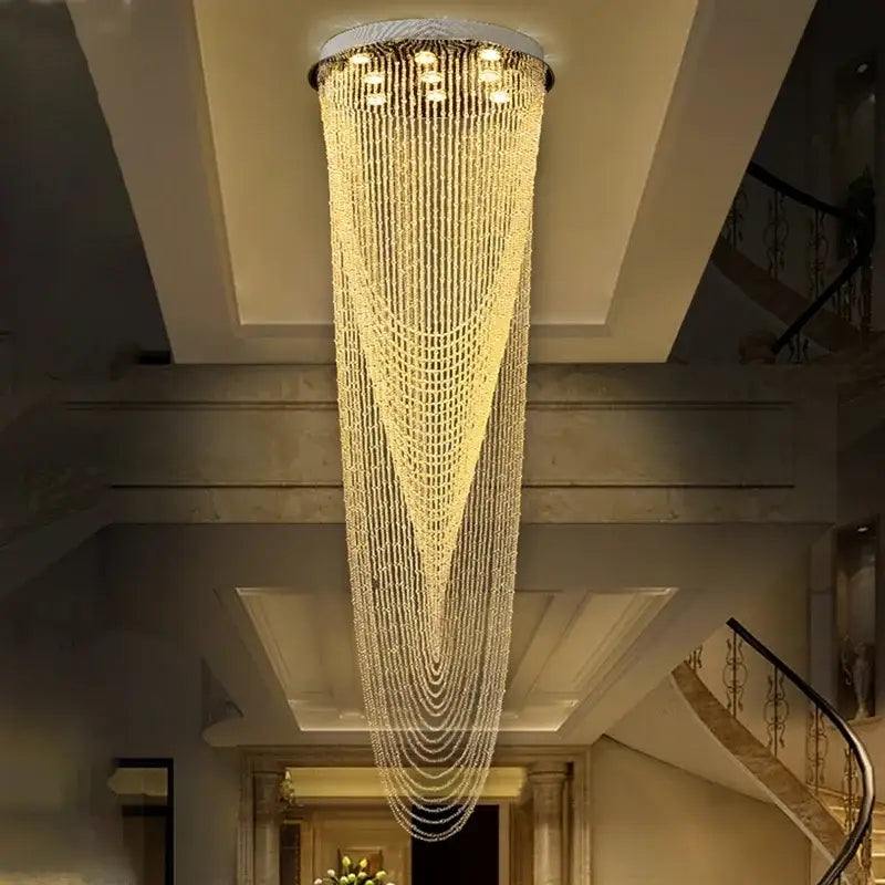 Elegant cascading crystal ceiling light for stairs and living room