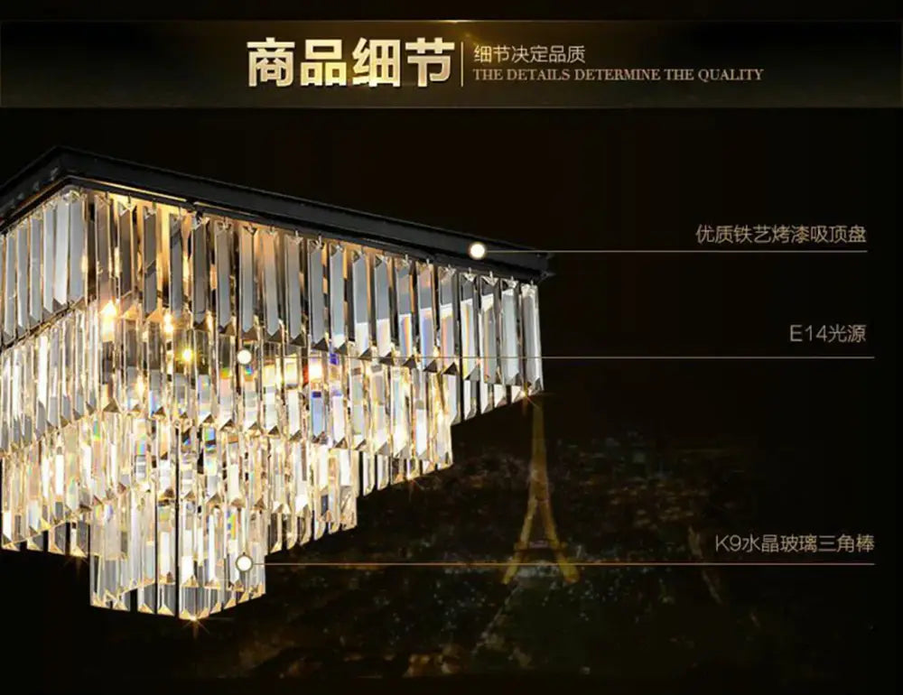 Modern rectangular black crystal ceiling light for dining room