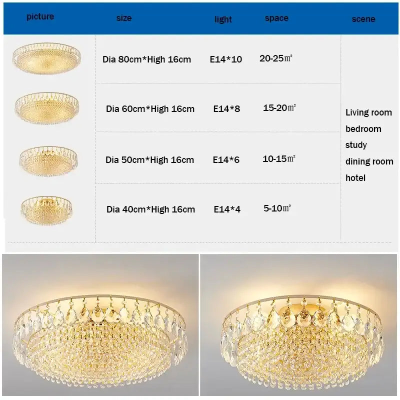 Luxury gold round crystal ceiling lights for bedroom