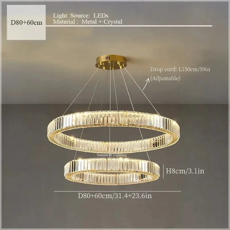 Luxury gold double ring crystal ceiling pendant chandelier dining room