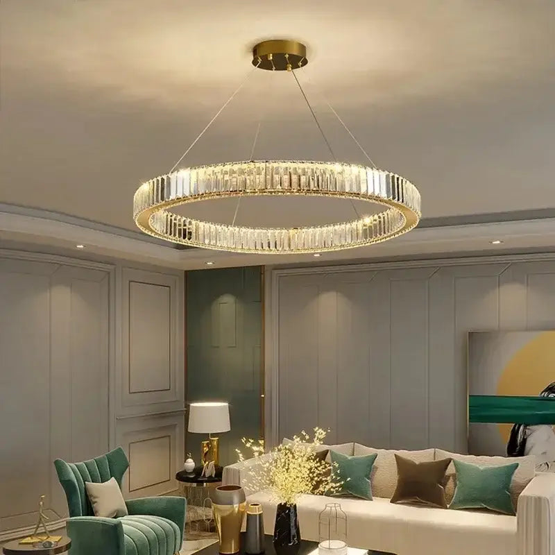 Luxury gold double ring crystal ceiling pendant chandelier dining room
