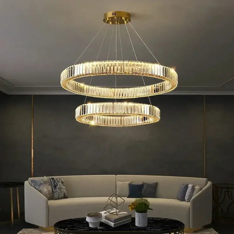Luxury gold double ring crystal ceiling pendant chandelier dining room