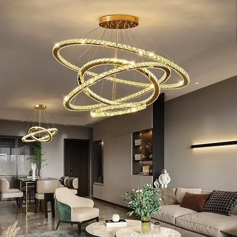Modern gold multi ring crystal ceiling pendant light living room