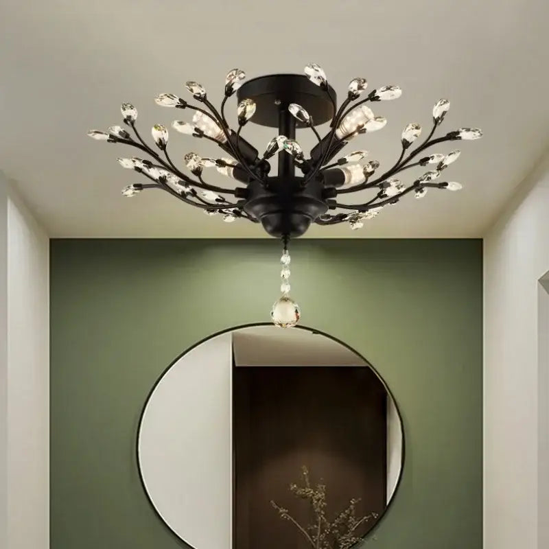 Rustic black crystal chain pendant chandelier for dining room