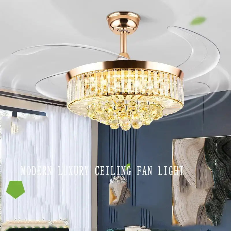 Brass crystal chandelier ceiling fan bedroom dimmable led lighting