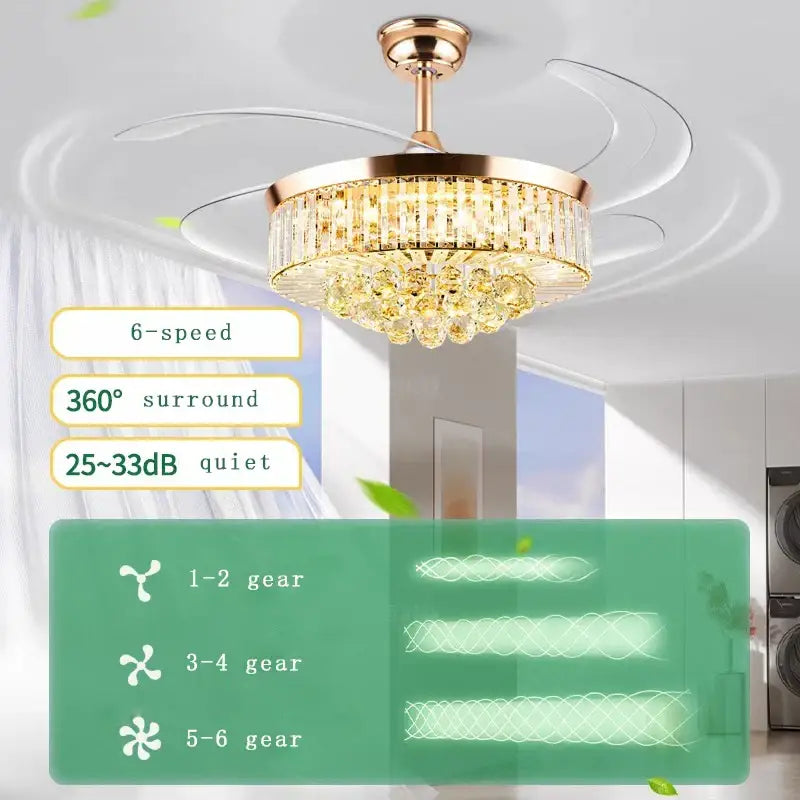 Brass crystal chandelier ceiling fan bedroom dimmable led lighting