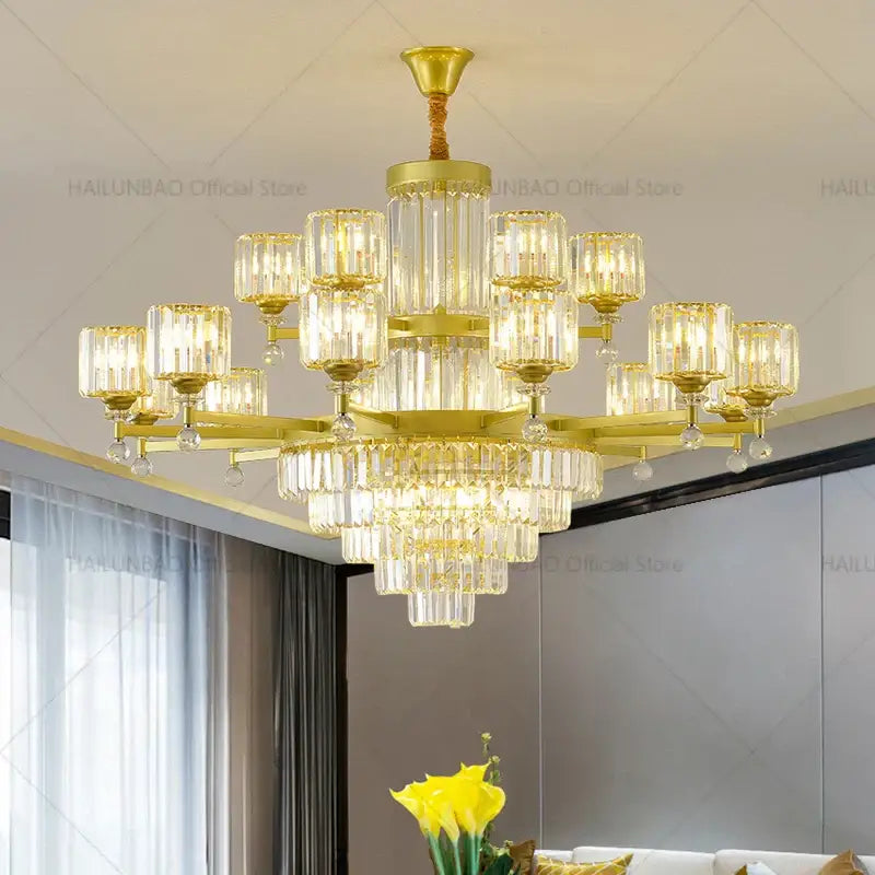 Decorbites crystal chandelier golden multi tiered living room lamp