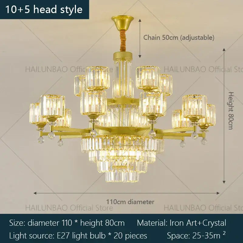 Retro gold multi tier crystal chandelier living room light