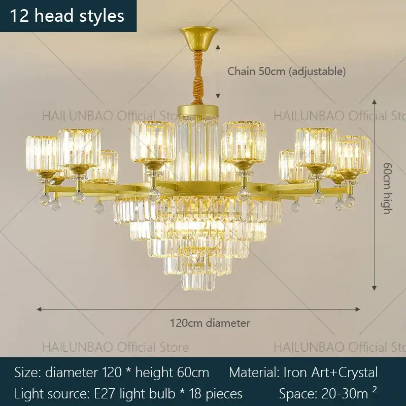 Retro gold multi tier crystal chandelier living room light