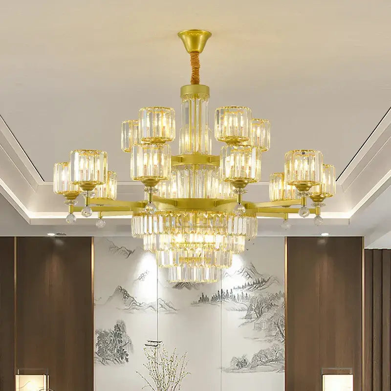 Retro gold multi tier crystal chandelier living room light