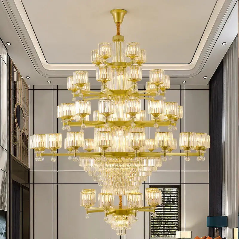 Retro gold multi tier crystal chandelier living room light