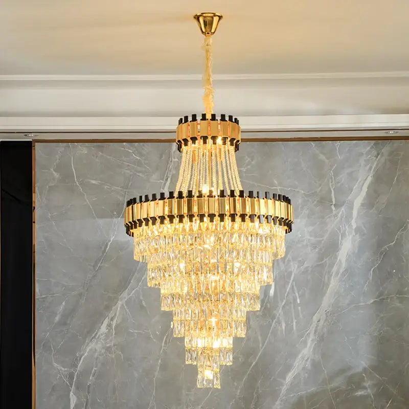 Modern gold and black crystal chandelier dining room cascading tiers