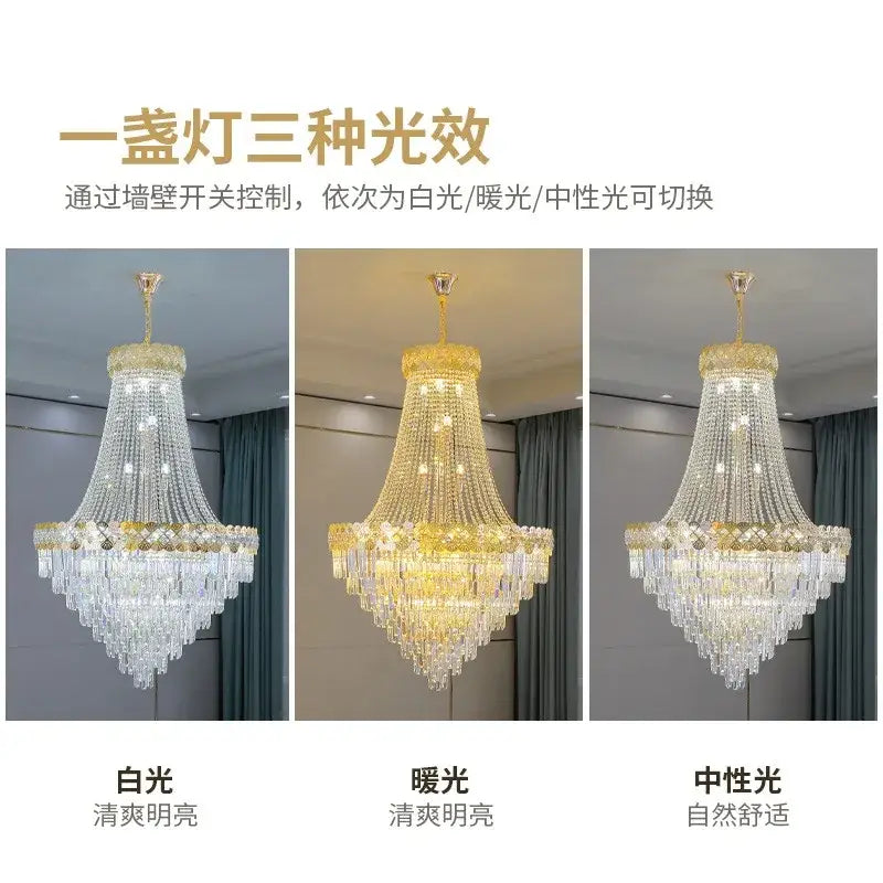 Golden tiered crystal chandelier for villa living room