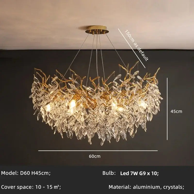 Golden branch crystal chandelier dining room leaf pendant light