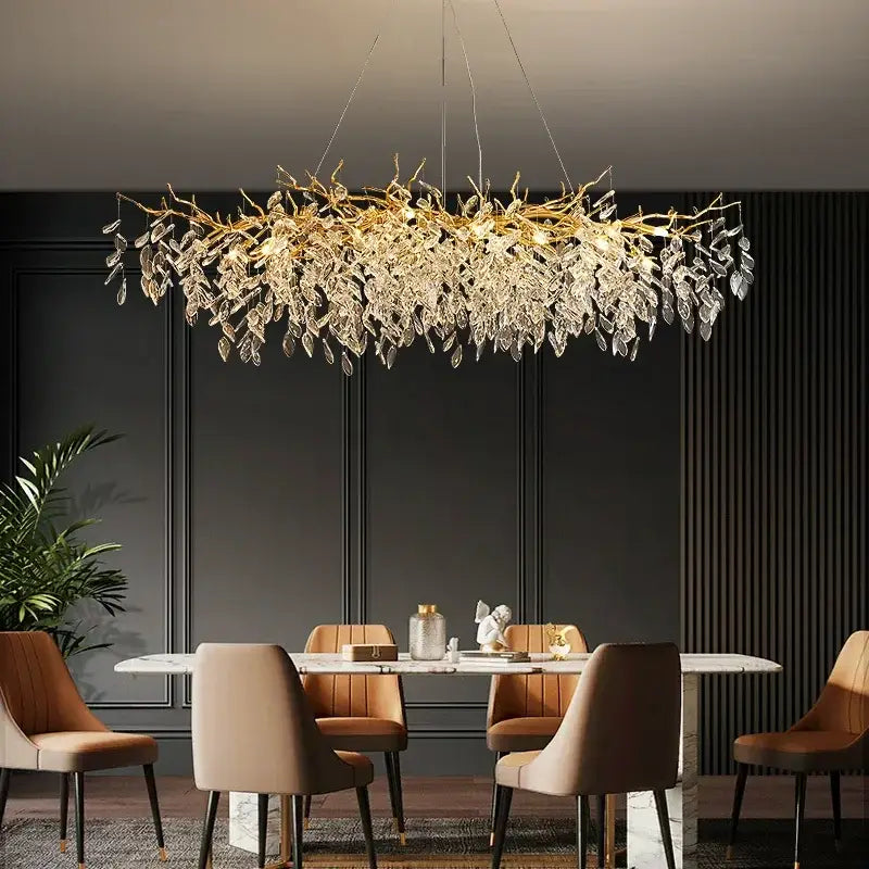 Golden branch crystal chandelier dining room leaf pendant light