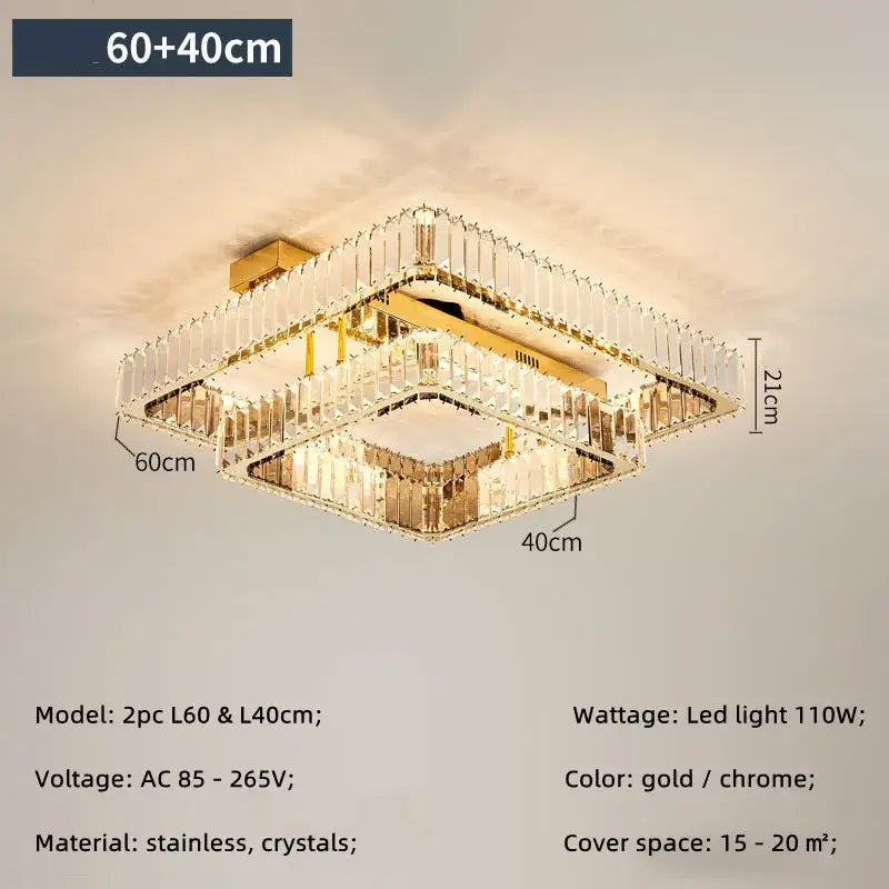 Luxury gold rectangular crystal chandelier led ceiling light bedroom