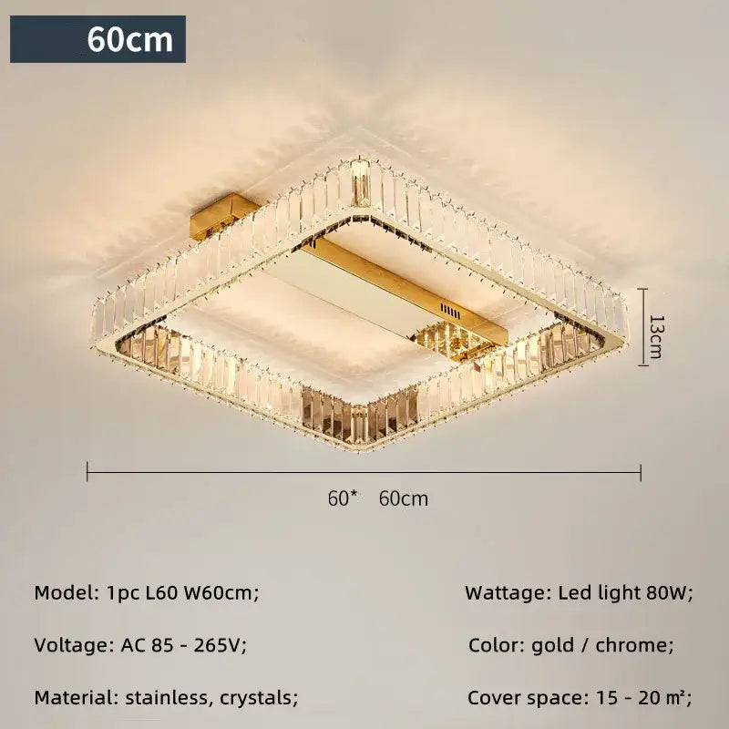 Luxury gold rectangular crystal chandelier led ceiling light bedroom