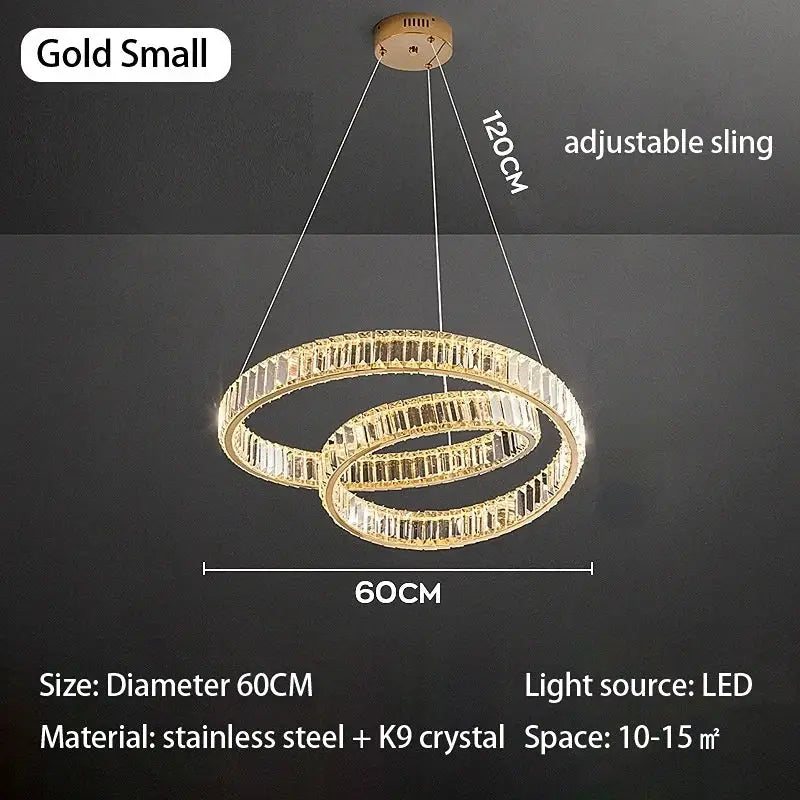 Modern gold double ring crystal chandelier led light fixture dining room
